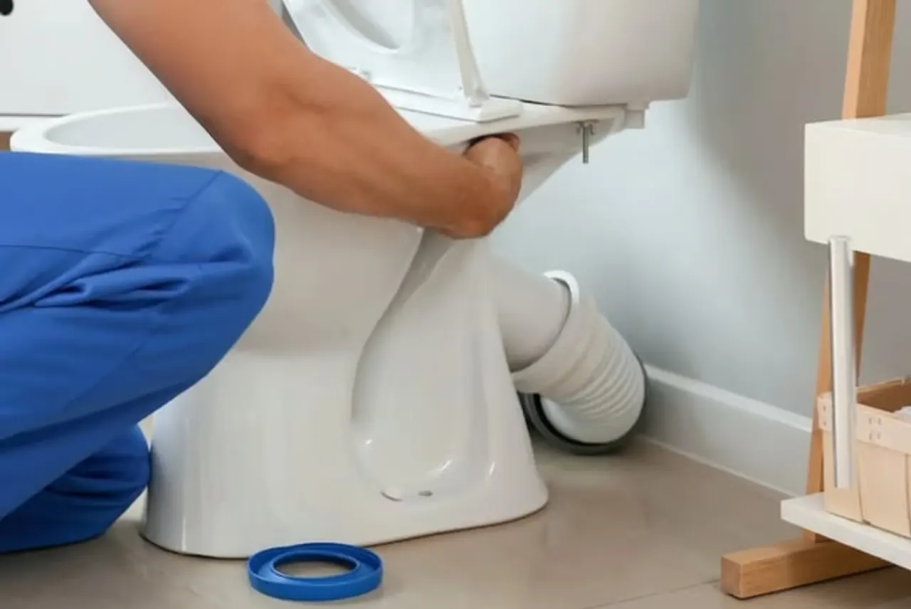 Plumber installing a toilet